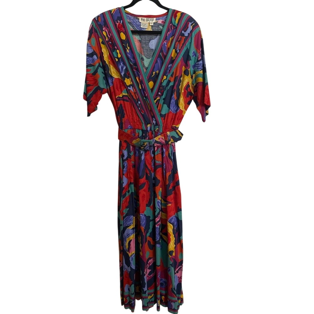 90s Artsy Maximalist Abstract Midi Dress, 100% Rayon, V-Neck Belted Wrap Style 8